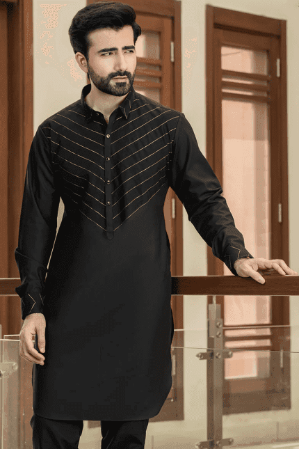 Black & Gold Stripes Kurta And Trouser 2